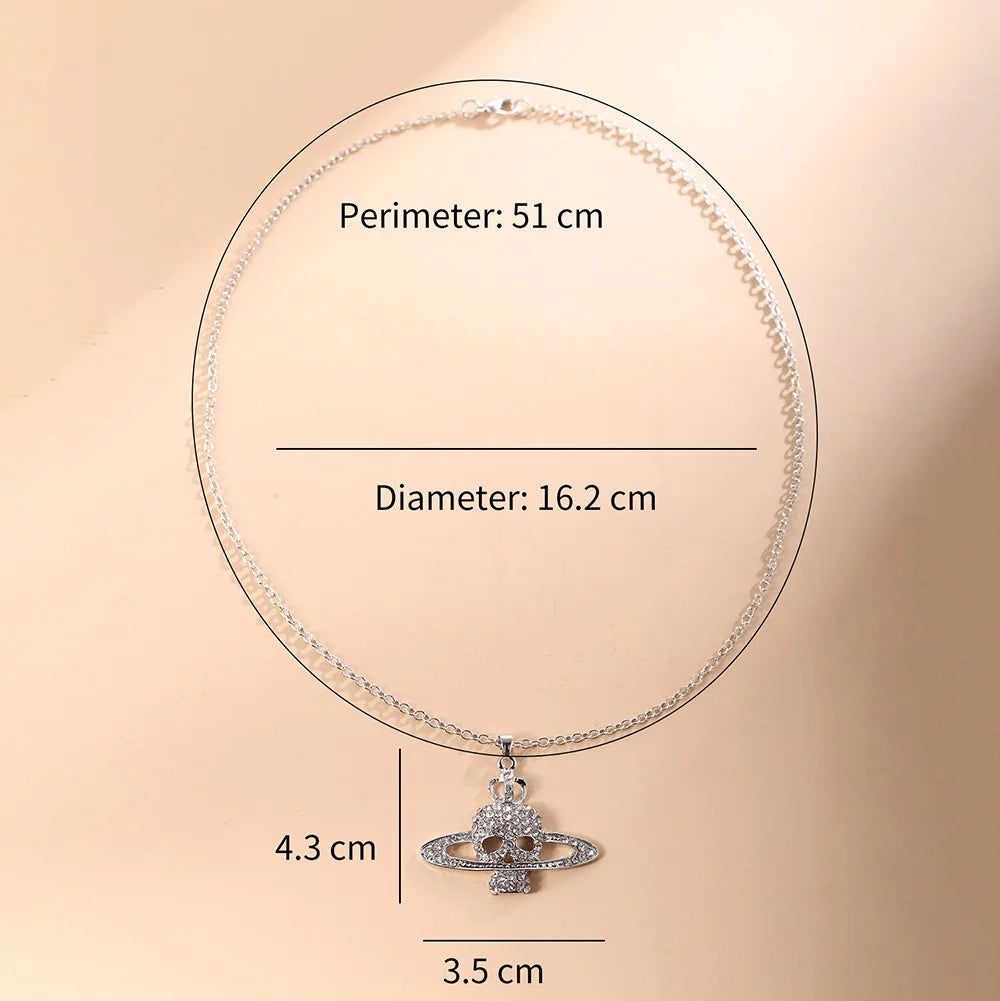 Punk Rhinestone Skull Cross Saturn Couples Chain Silver Metal Necklace Jewelry Gift