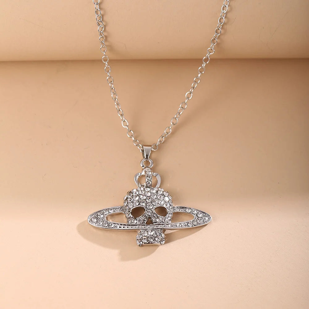 Punk Rhinestone Skull Cross Saturn Couples Chain Silver Metal Necklace Jewelry Gift