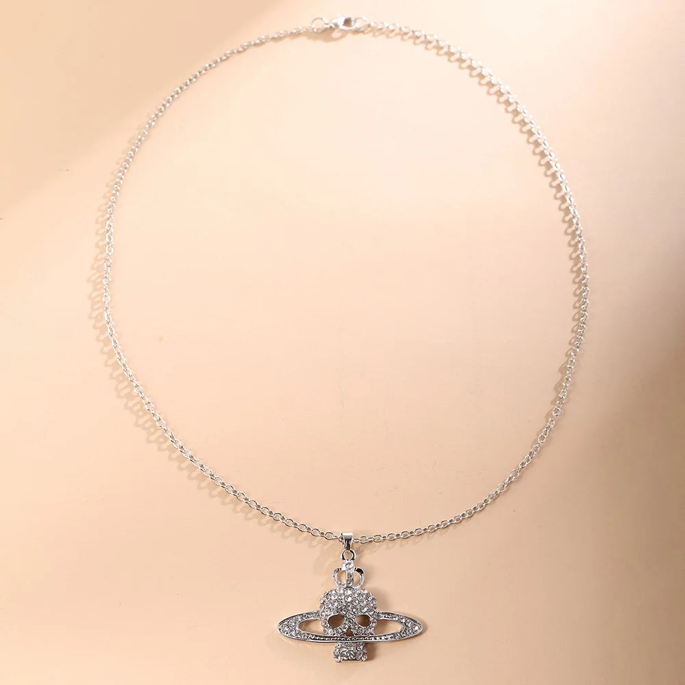 Punk Rhinestone Skull Cross Saturn Couples Chain Silver Metal Necklace Jewelry Gift